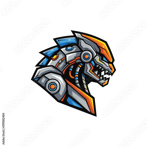 Robotic tiger head with sharp teeth.