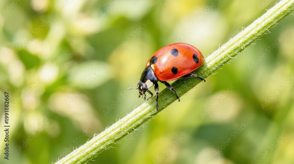 Obraz premium Seven spotted ladybug perched on green stem with blurred background sharp focus realistic macro nature photography