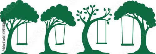 Vector set of empty garden tree swings, Silhouette set of park play silhouettes, green outdoor leisure symbols for nature, minimal garden Summer illustration design