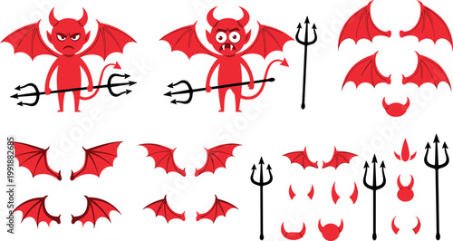 Devil cartoon character and elements collection with wings horns trident Halloween symbols isolated vector illustration set