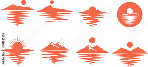 Vector set of peak mountain reflections, Silhouette set of orange sunset silhouettes, minimal water landscape icons for travel, scenic Summer illustration design