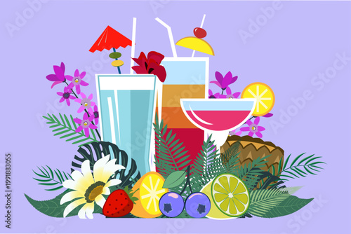 Сoctails with tropical flowers, fruits and leaves. Vector illustration.