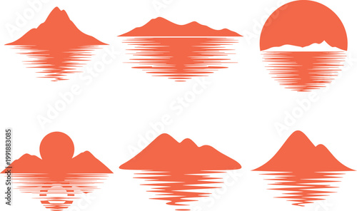 Vector set of massive mountain slopes, Silhouette set of sunset water silhouettes, orange landscape scenery icons for hiking, Summer illustration design