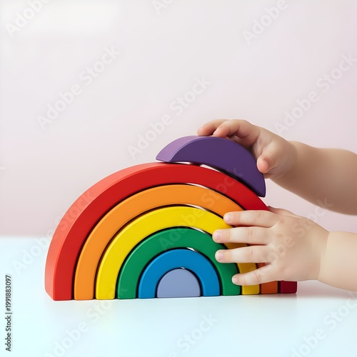 Little girl playing with toy rainbow on pink background, closeup, childhood & play