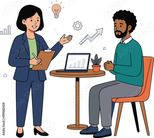 Cartoon illustration of a businesswoman presenting ideas to a client during a meeting, with a laptop and growth chart symbols.
