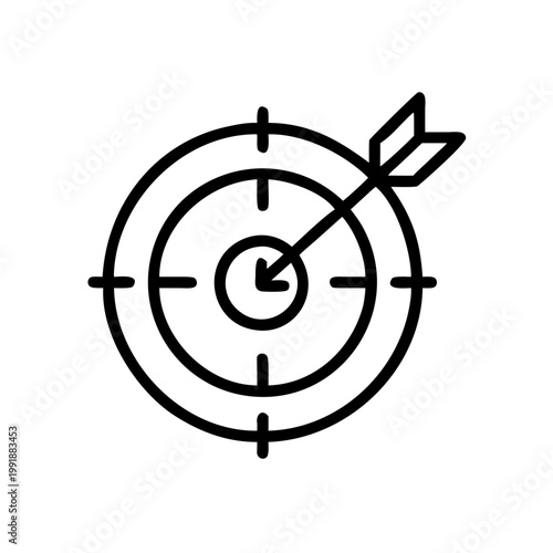 Archery target bullseye icon with arrow hitting center point for accuracy and success goals.