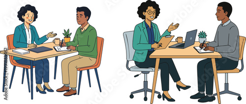 Cartoon illustration of business professionals having a meeting and discussion at a table with laptops and documents.