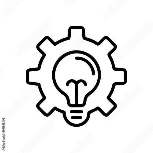 Light bulb inside gear symbol representing innovation and mechanical process.
