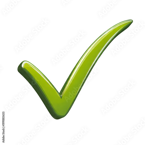 A vibrant and shiny green checkmark, the epitome of confirmation and approval, stands out in a clean and polished photorealistic illustration. PNG Transparent Background