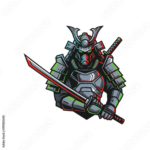 Samurai warrior in armor holding sword.