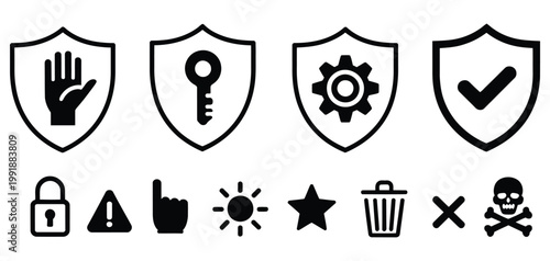 Shield icon set featuring secure key protection symbols, cybersecurity defense elements, privacy lock concepts, and modern security line art design