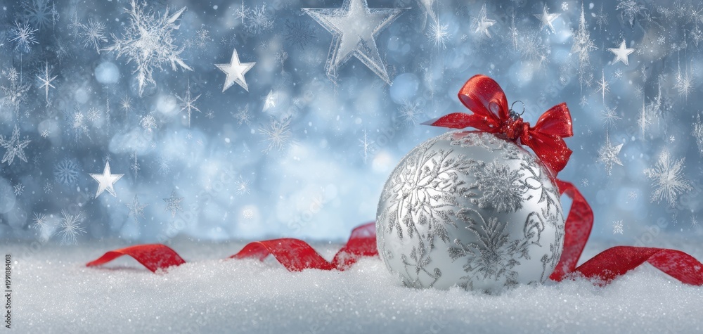 Fototapeta premium The Silver Christmas Ornament with Red Ribbon on Snowy Winter Background
