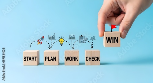  Motivational Business Process Concept with Wooden Blocks Showing Start Plan Work Check Win on Blue Background