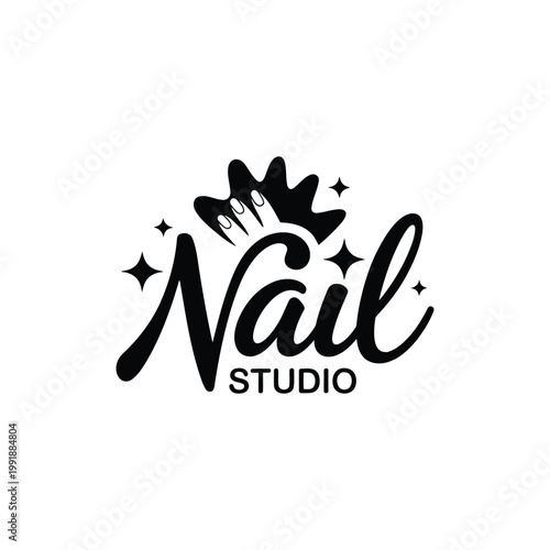 Nail studio logo with elegant calligraphy and manicured hand silhouette.