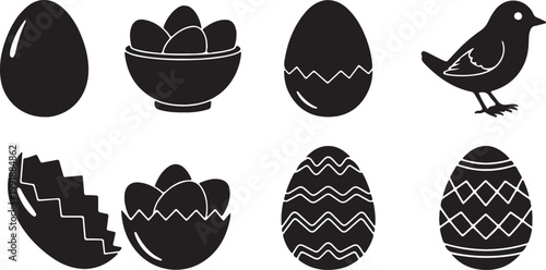Easter-themed illustrations featuring eggs, a bird, and decorative patterns silhouette vector icon