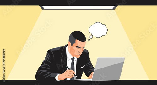 Businessman in suit thinking, focusing on laptop computer, looking at screen with pen in hand.