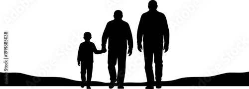 Silhouette of three generations walking together on horizontal ground line.