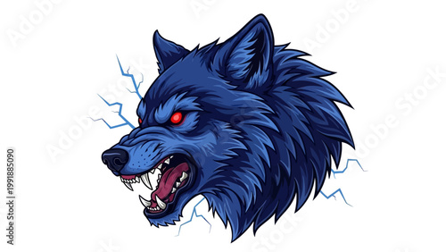 Intense blue wolf head illustration with red eyes and lightning elements