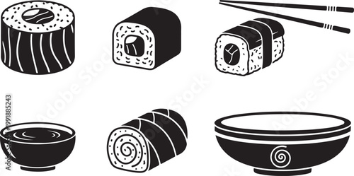 Traditional japanese sushi rolls and bowls displayed with chopsticks and plates silhouette vector icon