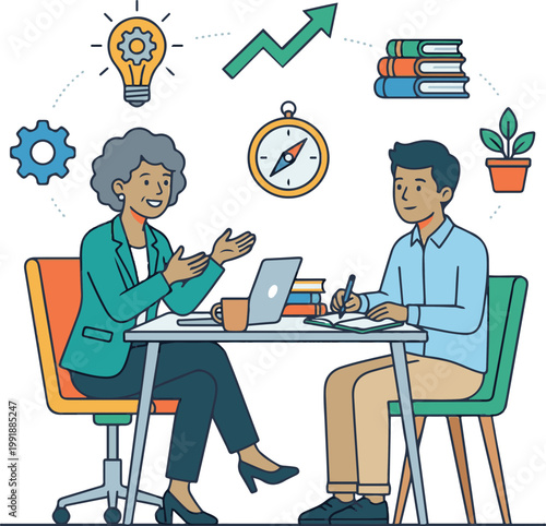 Cartoon illustration of a business mentor guiding a young professional during a meeting, with laptop, notes, and growth icons.