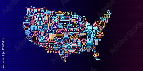 USA Country Map Neon Objects