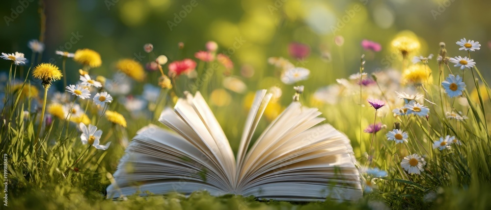 Fototapeta premium The Book Open in a Sunlit Wildflower Meadow Evokes Imagination and Tranquility