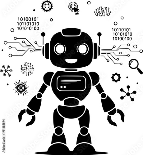 Minimalist black silhouette illustration of a friendly humanoid robot isolated on white background
AI automation Vector silhouette illustration isolated on white background