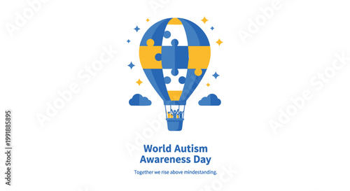 Autism awareness, World Autism Awareness Day, puzzle piece icon, blue and yellow hot air balloon, autism support symbol
