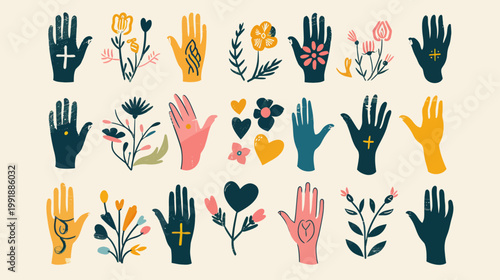 Illustrated hand gestures with floral designs and decorative elements