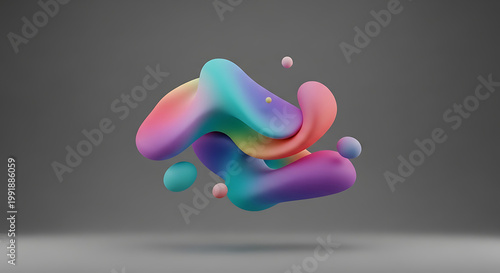 abstract flowing amorphous shape in pastel rainbow colors, organic fluid blob with small spheres, digital art with soft gradient