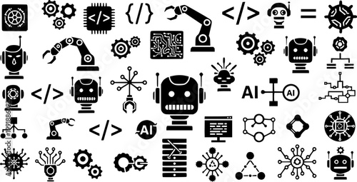 Collection of robotics engineer programming icons and symbols in a silhouette style isolated on white background
AI automation Vector silhouette illustration isolated on white background