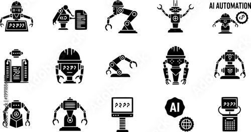 Collection of robotics engineer programming icons and symbols in a silhouette style isolated on white background
AI automation Vector silhouette illustration isolated on white background
