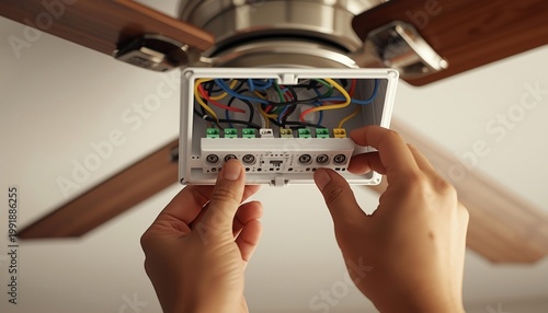 Hands examine the colorful wiring inside a ceiling fan's electrical junction box.