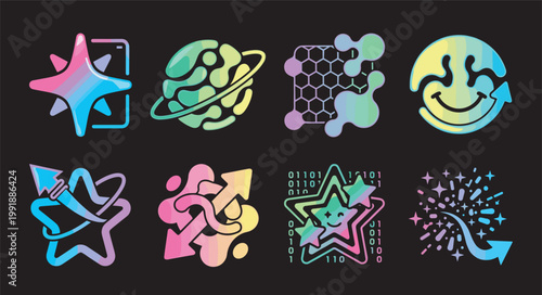 holographic gradient icon set, abstract neon colorful symbols and shapes collection isolated on transparent background