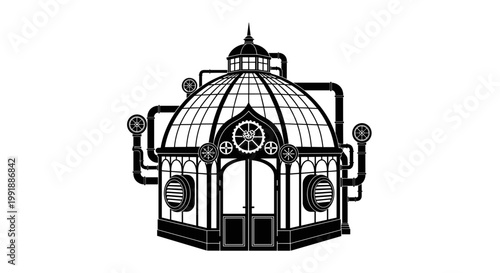 Black and white glasshouse illustration.
