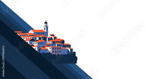 Charming hillside village with red tiled roofs and a bell tower nestled on a rocky incline overlooking the sea, serene coastal landscape