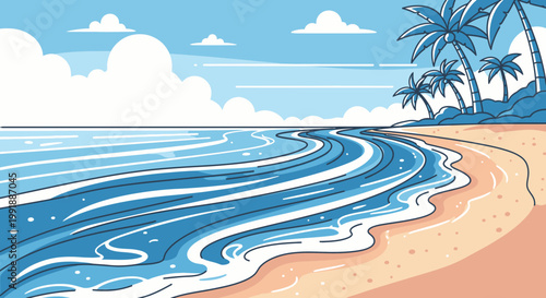 Beachfront scene with palm trees and ocean waves under a blue sky