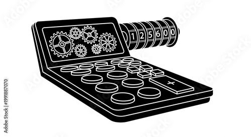 Calculator with gear and numbers.