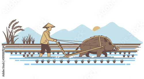 Farmer plowing field with animal illustration against a natural background
