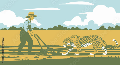 Farmer plowing field with leopard illustration for agriculture and ecology