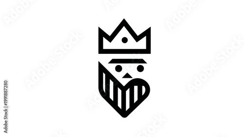 Minimalist Black and White Line Art Icon of a Crowned King Head with Beard. Royalty, Leadership, Power Symbol Design.
