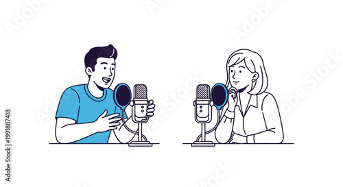 Two people talking into microphones.