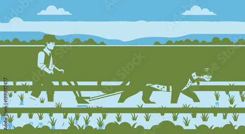 Man plowing field with dog during the day agricultural farming scene
