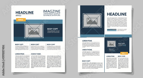 Magazine layout with placeholder images and text on a white background