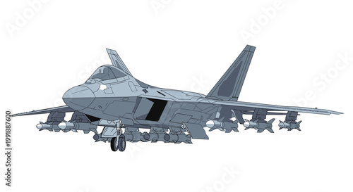 Modern military fighter jet illustration with weapons and landing gear