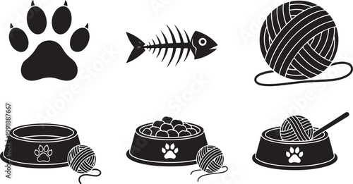 Pet food and toys with paw prints, fish skeleton, and yarn balls silhouette vector icon