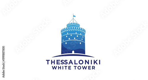 Iconic Blue White Tower of Thessaloniki, Greece, Landmark Illustration.