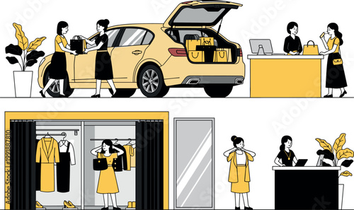 Fashion Shopping Illustration with Car, Store, and Dressing Room, Stylish Women and Retail Experience