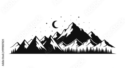 Black silhouette of mountain range landscape.