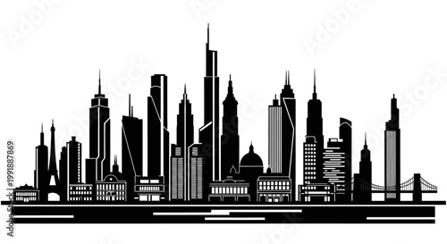 Black silhouette of city skyscrapers.